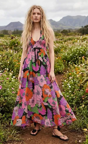Free People Bohemian Retro 70s Beachy Bayside Florals Halter Maxi Dress Small thumbnail 1