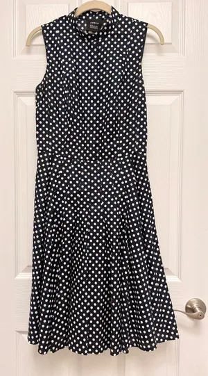 Akris Bergdorf Goodman Navy White Polka Dot Mock Neck Pleated Cotton Dress US 6 thumbnail 1