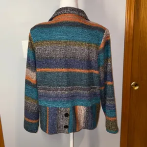 Trisha Tyler Knit Jacket‎ Blue Orange Multi Striped Button Front blazer Funky Size L thumbnail 4