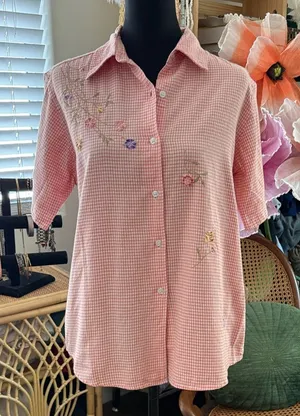 Vintage 90s Casey & Max Orange Gingham Floral Embroidery Preppy Button Up Blouse thumbnail 1