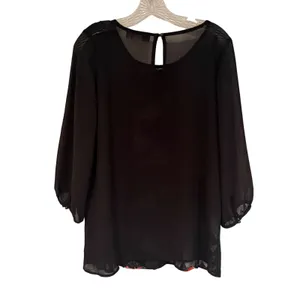 Addie Black Velvet Floral Burnout Sheer Boho Blouse‎ Women's Large Black Dainty thumbnail 6