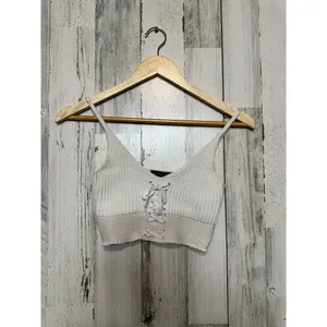Streetwear Society Lace Up Ribbed Knit Crop Top Womens S Ivory Bralette Cami thumbnail 2
