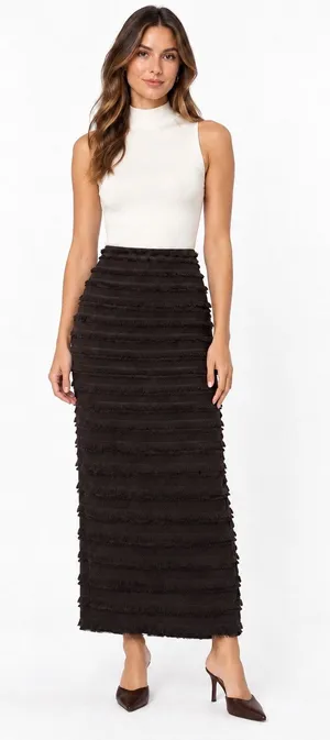 NWT H&M Dark Brown Fringe Maxi Pencil Skirt thumbnail 1