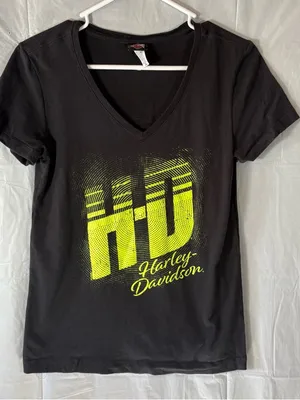 Harley-Davidson T-Shirt Womens Sm‎ Black Yellow Logo V-neck Bikercore Motorcycle thumbnail 1
