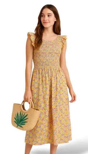 Anthropologie Cool Mode Ditsy Floral Smocked Bodice Midi Dress - Size L | Large thumbnail 1