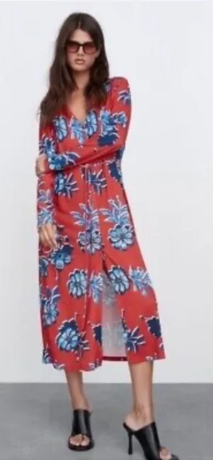 Zara Red Floral Button‎ Front Long Sleeves Midi Dress Medium thumbnail 1