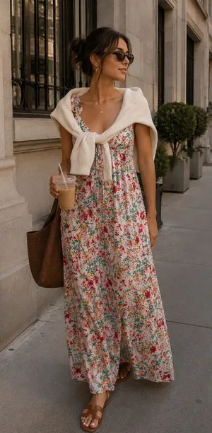 BeBop Floral Maxi Dress in Ivory with Pink & Green Print thumbnail 1