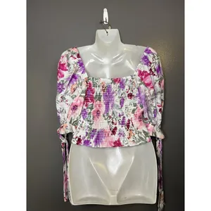Express Blouse Womens Medium Pink Purple Floral Smocked Puff Sleeve Cropped Top thumbnail 5