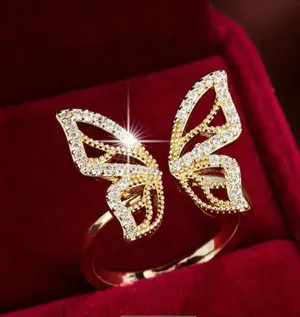 Coquette Style Ring Butterfly Design Inlaid Shining Golden Adjustable Size 7-9 thumbnail 1