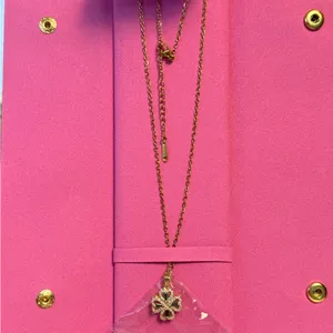 Elegant Gold Necklace with Four Leaf Pendant with Green Stones thumbnail 3