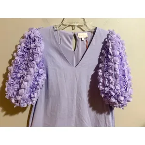Entro Shift Dress Womens S Lavender New 3D Floral‎ Puff Sleeve V-Neck thumbnail 7