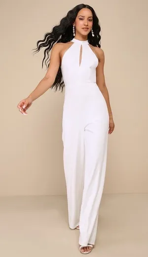 NWT Lulus Striking Elegance White Cutout Backless Halter Jumpsuit Elegant Sz S thumbnail 1