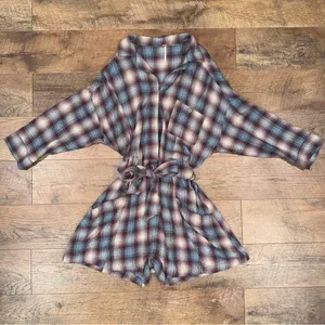 Free People Viscose Blend Before I Let Go Plaid Romper in Blue & Brown Tie Wasit thumbnail 2