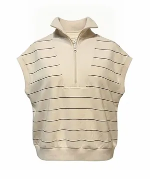 Thread & Supply Paris Stripe Sleeveless Quarter Zip Sweatshirt Cream Navy Large thumbnail 1