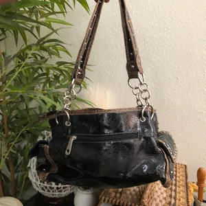Y2K Whimsygoth grunge Black brown Leather western shoulder hand bag purse studded rhinestone bedazzled cross silver tone chains #boho #country #indie thumbnail 2