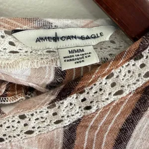 American Eagle Plaid Crochet Lace Ruffle Tie‎ Back Blouse Brown Cream Womens M thumbnail 9