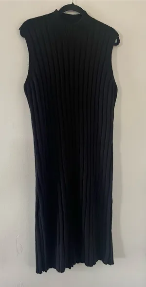 Black Ribbed Knit Midi Dress Large Sleeveless Mock Neck Minimalist Capsule thumbnail 1