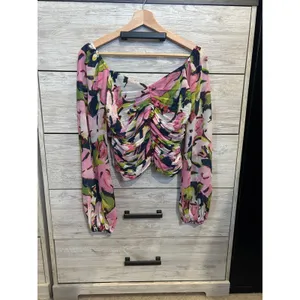 Abercrombie & Fitch Floral Ruched Smocked Long Sleeve Crop Top Pink Green Medium thumbnail 2