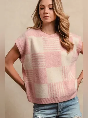 Bibi checkered sweater vest short sleeve striped blush ivory crewneck top thumbnail 3