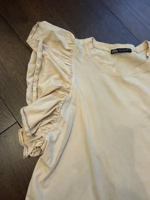 Zara Light Beige Ruffle Sleeve Short-Sleeve Tee Small - C31-015 thumbnail 3