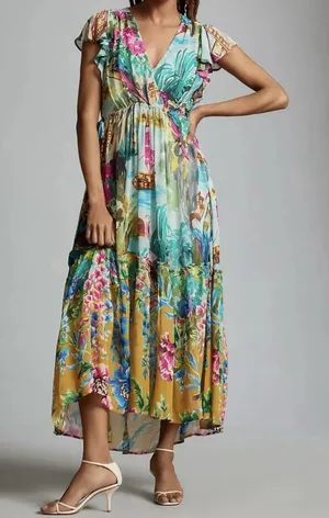 Anthropologie V-Neck Flutter-Sleeve Colorful Tropical Print Dress Xs thumbnail 1