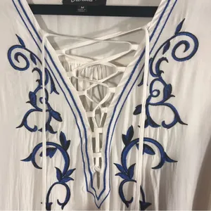 Lulus Down In Kokomo White And Blue Embroidered Lace Up Dress Size‎ Medium thumbnail 3