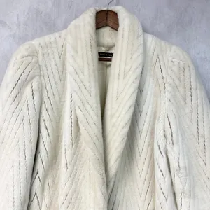 Vintage Womens Faux Fur Coat L/XL? Cream Chevron Shawl Collar Mobwife Glam USA thumbnail 3