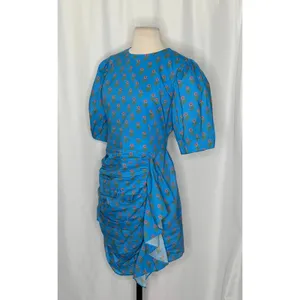 AUREUM Ruched Sash Blue Floral Mini Dress Puff Sleeves Ruching Ruffle Small thumbnail 5