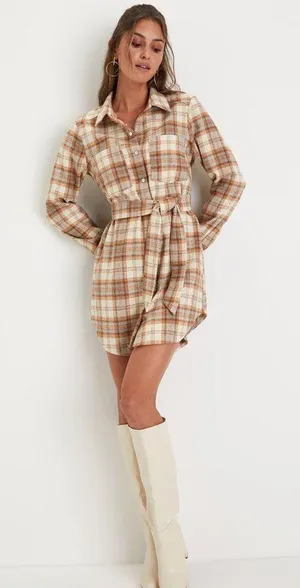 Lulus Plaid Behavior Ivory and Brown Plaid Long Sleeve Mini Dress thumbnail 1