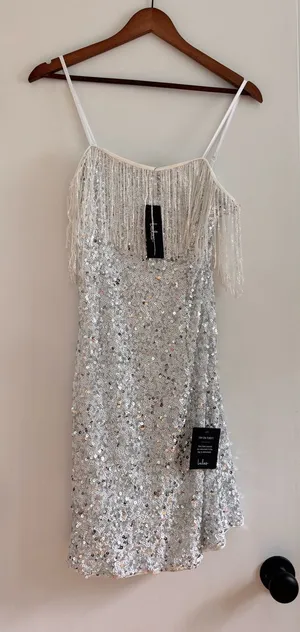 Lulus Beaming with Beauty Silver Sequin Sleeveless Fringe Mini Dress thumbnail 1