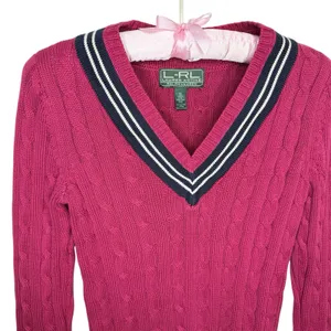 L-RL Lauren Active Ralph Lauren‎ Cable Knit V Neck Rugby Cricket Sweater XS thumbnail 2