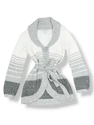 St. John's Bay Stripe Colorblock Shawl Collar Belted Cardigan Sweater Grey White thumbnail 12