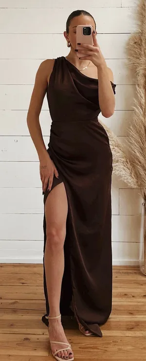 Show Me Your Mumu Jodie Dress in Chocolate Luxe Satin XL NWT thumbnail 1