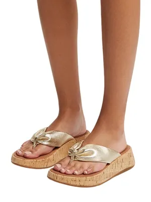 NWT FitFlop F-Mode Metallic Gold Leather Cork Platform Sandals thumbnail 1