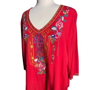 Women’s Boho Floral Embroidered 3/4 Sleeve Red Popover Vneck Top XXL thumbnail 5