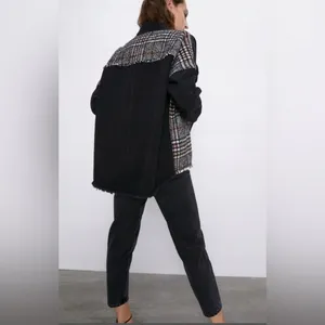 ZARA Contrast Black Denim & Tweed Plaid Mix Snaps Outer Jacket Shaket Size Large thumbnail 7