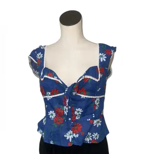 NEW Free People Call Me Baby Cap Sleeve Button-Up Shirt L BLUE QUARTZ - DAISY thumbnail 5