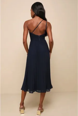 NWT Lulus Wondrous Muse Navy Blue Pleated One-Shoulder Midi Dress thumbnail 3