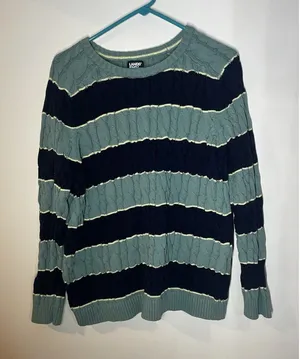 Lands End Sweater Women's Large Navy Drifter Cable Knit Stripe Nautical‎ Preppy thumbnail 1