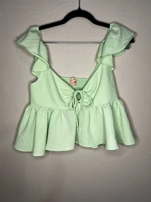 Urban Outfitters Keyhole Babydoll Ruffle Tie-Front Green Peplum‎ Crop Top thumbnail 2