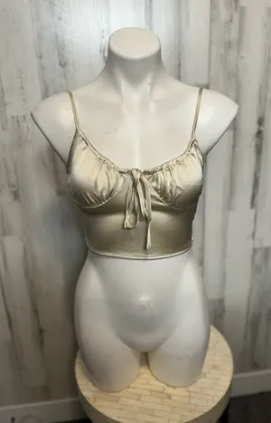 Forever 21 Satin Bustier Crop Top Womens S Champagne Gold Tie Front Cami thumbnail 1