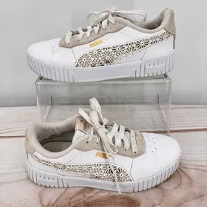 Puma Carina 2.0 Laser Cut Flowers Sneakers White Gold Logos Athletic Feminine 7 thumbnail 2