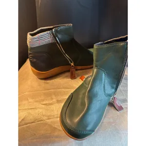 Green Faux Leather Plaid Trim Ankle Boots Dual Zip Flat Booties women's 5 thumbnail 3
