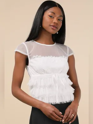 Lulu's White Sheer Lace Tiered Ruffle Peplum Top thumbnail 3