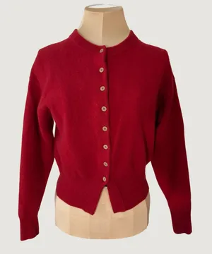 3075 | 100% Wool Cropped Cardigan Sweater Red Button Front Crew Neck Womens S thumbnail 1