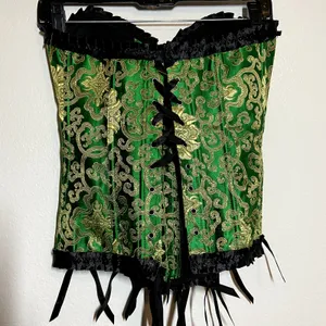Vintage Corset 80s Floral Embroidered Lace Up Back Frill Trim Overbust Green S thumbnail 4