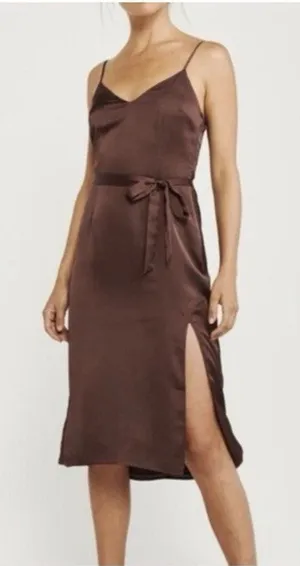Abercrombie Fitch Satin Slip v neck Midi Dress Womens M Brown Strappy Sleeveless thumbnail 1