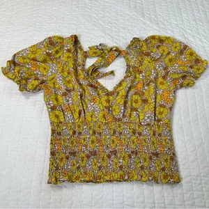 Floral Puff Sleeve Blouse Fall in Yellow and Brown Top thumbnail 2