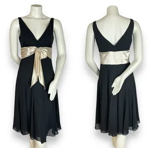 Vintage Chiffon Dress Bow Waist Satin V-Neck Sheer Sleeveless Homecoming Holiday thumbnail 2