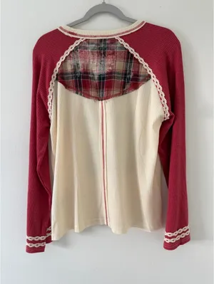 NWT POL Varsity Waffle Knit Raspberry # Thermal Plaid Patchwork size medium thumbnail 6